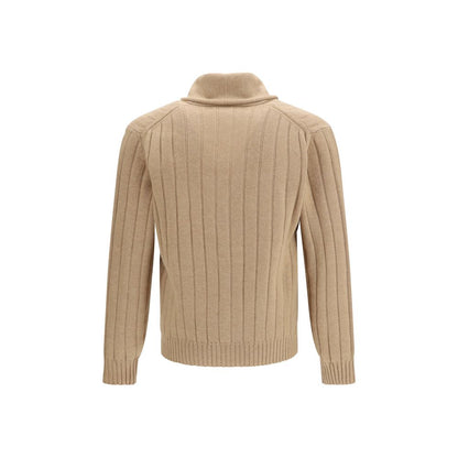 Cardigan by Brunello Cucinelli for men in cashmere beige features a dramatic silhouette, showcasing a sophisticated shawl-collar neckline and dramatic detail for a timeless, premium look.