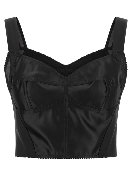Corset Top by Dolce & Gabbana for women in polyamide black, silver & patterned showcases a sumptuous silhouette, artfully detailed with a sumptuous sweetheart neckline and sleeveless for a truly sumptuous finish.