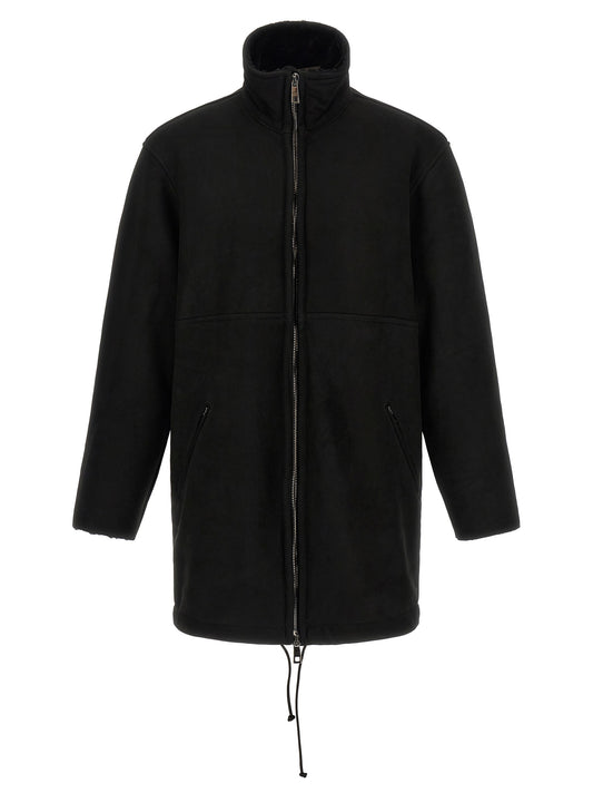 Overcoat by GIORGIO BRATO for men in suede lambskin leather & fur black showcases a architectural silhouette, artfully detailed with a distinctive high-neck neckline and functional thermal & pockets for a architectural finish.