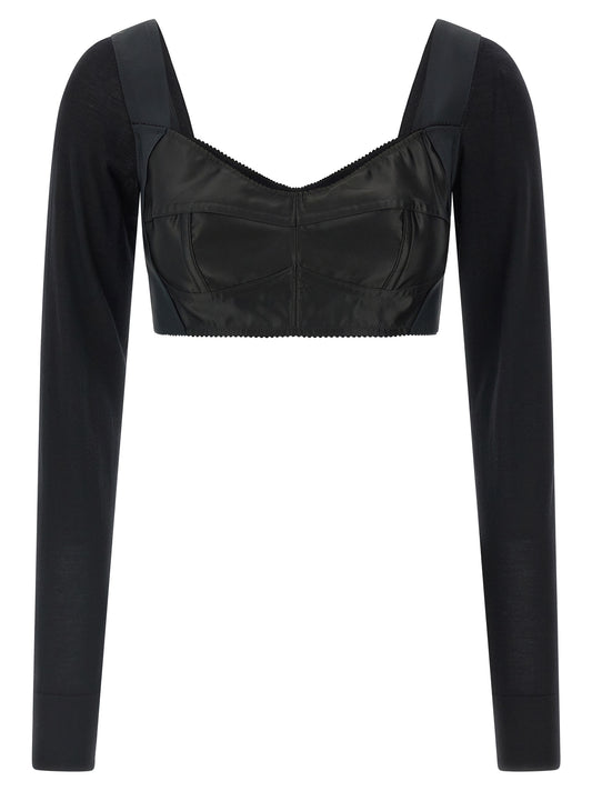 Corset Top by Dolce & Gabbana for women in virgin wool polyester & satin black showcases a sublime silhouette, with long-sleeve; sleeveless and sweetheart neckline details for a sublime finish.