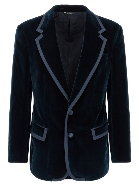 Blazer by Dolce & Gabbana for men in cotton silk velvet blue presents a distinguished silhouette, detailed with a distinguished split neckline and distinctive for a truly sophisticated finish.