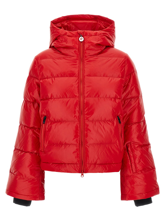 Hooded Puffer Jacket by PERFECT MOMENT for women in nylon red & patterned features a city-ready silhouette, detailed with thermal, pockets, hooded & insulated and a city-ready hooded neckline.