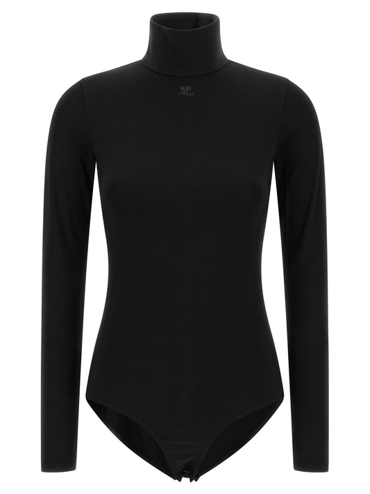 Bodysuit by Courrèges for women in acetate & viscose black features an amazing silhouette, showcasing a long-sleeve design and amazing high-neck neckline for a truly amazing fit.