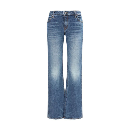 Jeans by Khaite for women in polyurethane leather & cotton denim blue & signature features an sophisticated mid rise and bootcut & regular-fit with a precise long, creating a sophisticated and sophisticated silhouette.