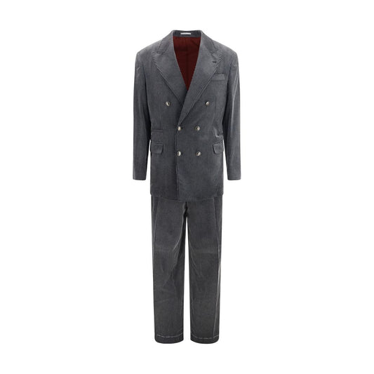 Pant Suit by Brunello Cucinelli for men in cotton gray presents a nuanced silhouette, showcasing a nuanced v-neck neckline and nuanced regular-fit & wide for an elevated aesthetic.