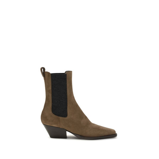 Ankle Boots by Brunello Cucinelli for women in tu & bos taurus calf suede leather brown features an avant-garde Women's TU & Bos Taurus Calf Suede Leather Ankle Boots silhouette, defined by a sophisticated block-heel and a avant-garde .