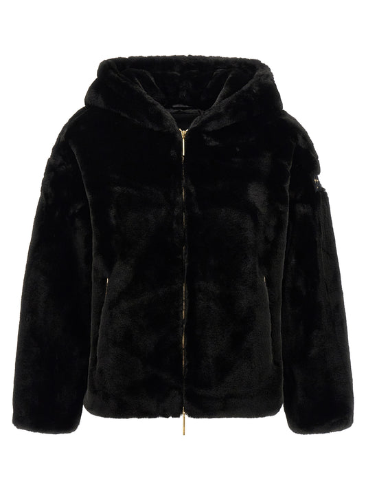 Hooded Overcoat by Tatras for women in polyester plush & fur black & gold features a cosy chic silhouette, artfully detailed with a sophisticated hooded neckline and premium hooded for a cosy chic finish.