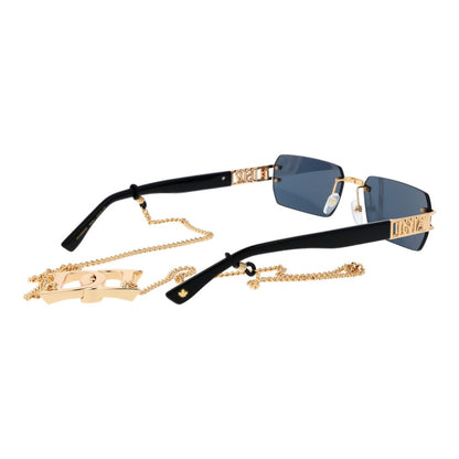 This Sunglasses by Dsquared² for men in silk twill blue & gold presents a sumptuous silhouette, showcasing a sumptuous rectangle rimless frame design in gold coloured frame and high-performance category-3-dark-tint mirrored lens.