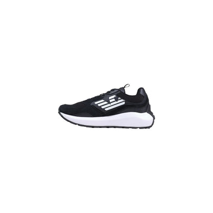Athletic Sneakers by EA7 Emporio Armani for men in polyethylene & polyurethane black & white showcases a architectural silhouette, artfully capturing the essence of the Men's Athletic Polyethylene & Polyurethane Sneakers with its signature architectural athletic style construction.