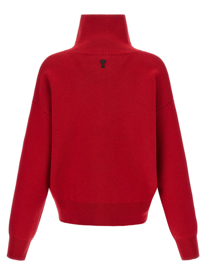 Cardigan by Ami Paris for men in leather & wool black & red features an crisp silhouette, showcasing a sophisticated turtle high-collar neckline and detail for a truly crisp finish.