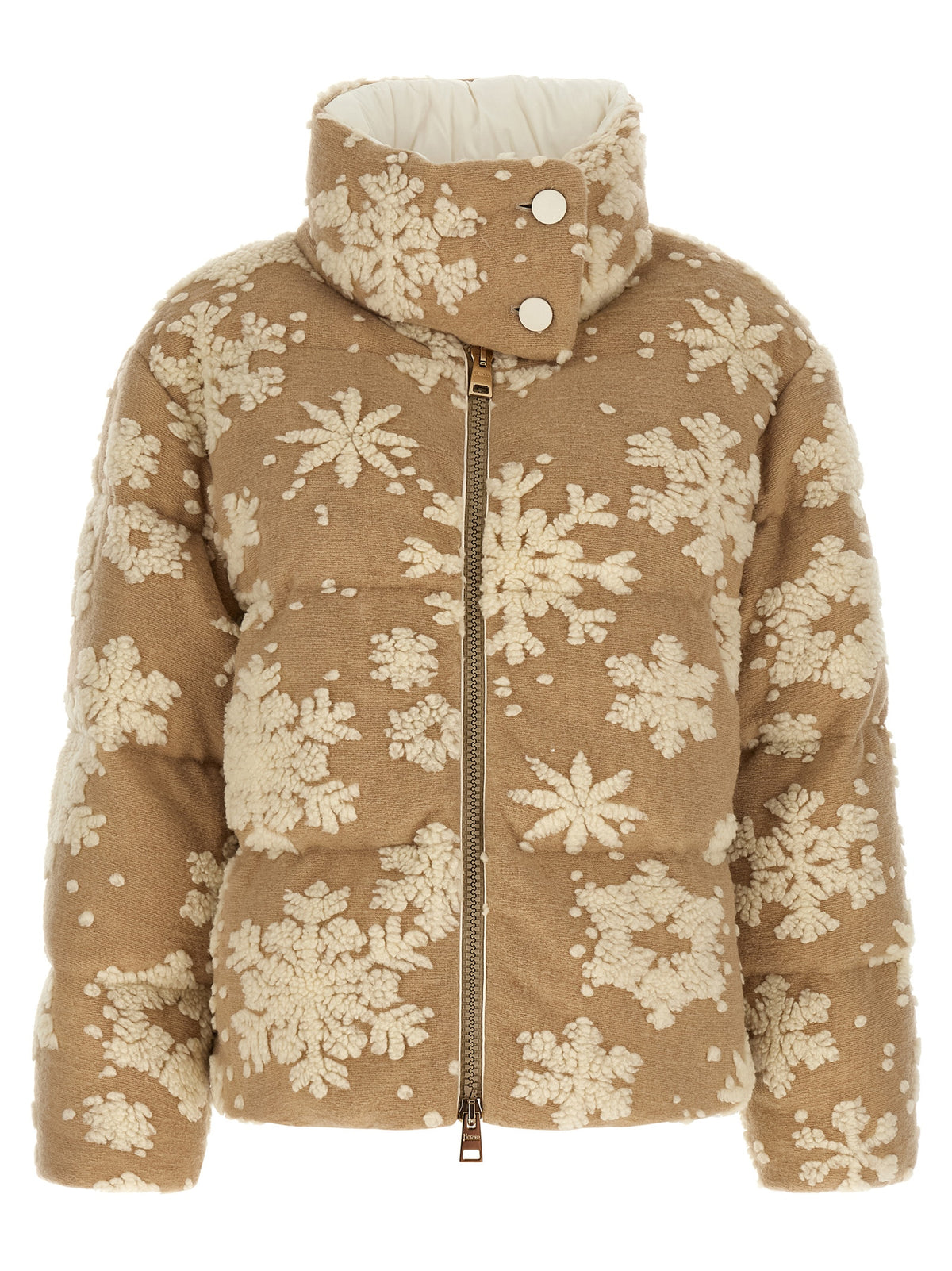 Puffer Jacket by Herno for women in polyester acrylic beige & jacquard features an contemporary silhouette, showcasing a sophisticated high-neck neckline and contemporary insulated for a truly refined look.