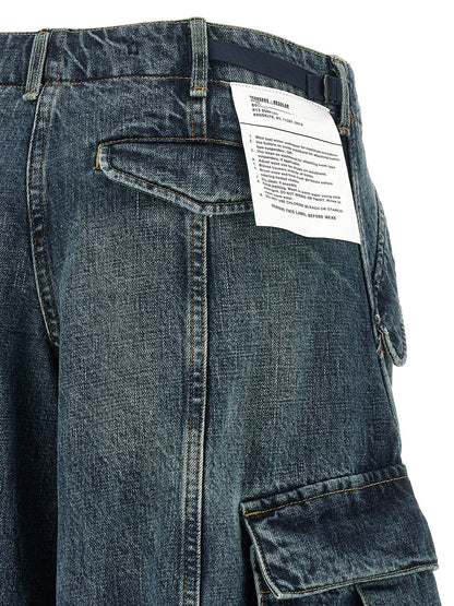 Cargo Pants by R13 for women in denim cotton blue & white features an urban chic oversized with a and long, creating a urban chic aesthetic for "Moon Behind the Hill".