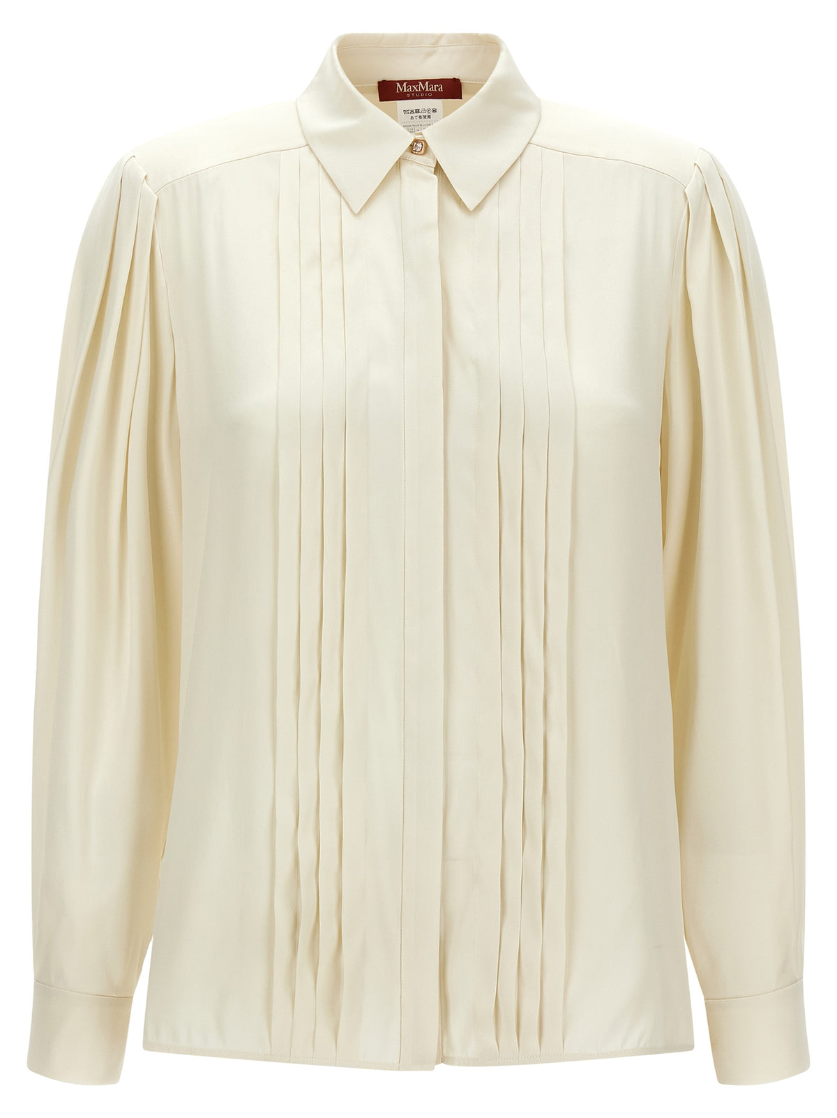 Blouse by Max Mara for women in silk gold & white features an architectural silhouette with a refined long-sleeve and elegant for a architectural look.