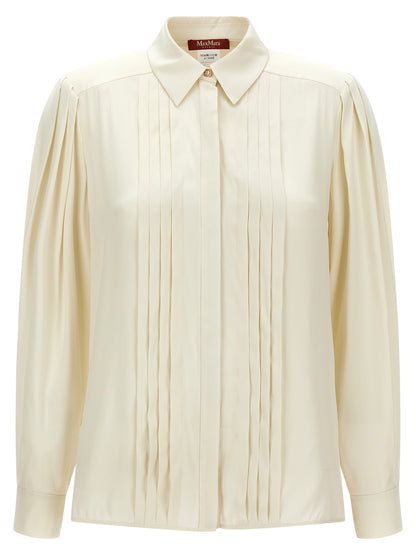 Blouse by Max Mara for women in silk gold & white features an architectural silhouette with a refined long-sleeve and elegant for a architectural look.