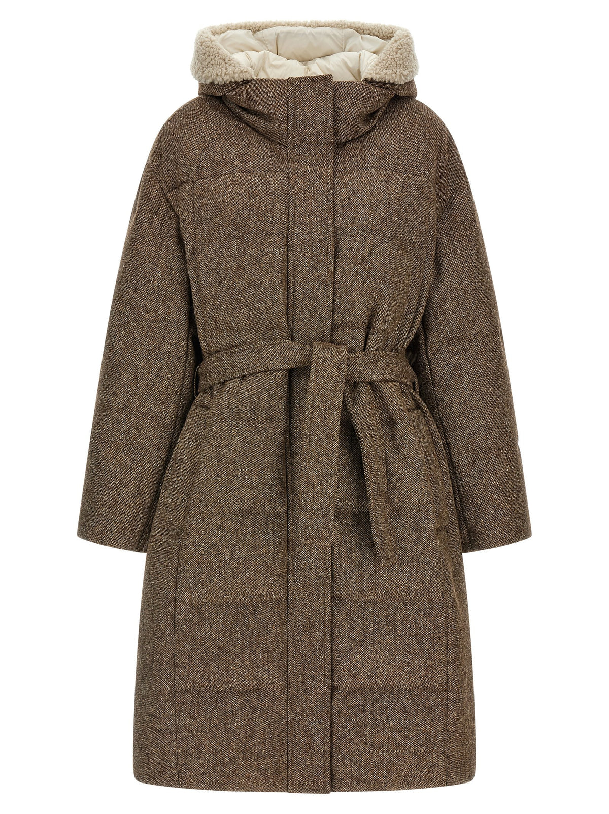 Hooded Puffer Jacket by Brunello Cucinelli for women in polyamide & virgin wool brown features a city-ready silhouette, detailed with hooded & insulated and a city-ready hooded neckline.