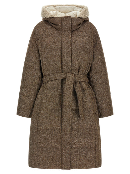 Hooded Puffer Jacket by Brunello Cucinelli for women in polyamide & virgin wool brown features a city-ready silhouette, detailed with hooded & insulated and a city-ready hooded neckline.