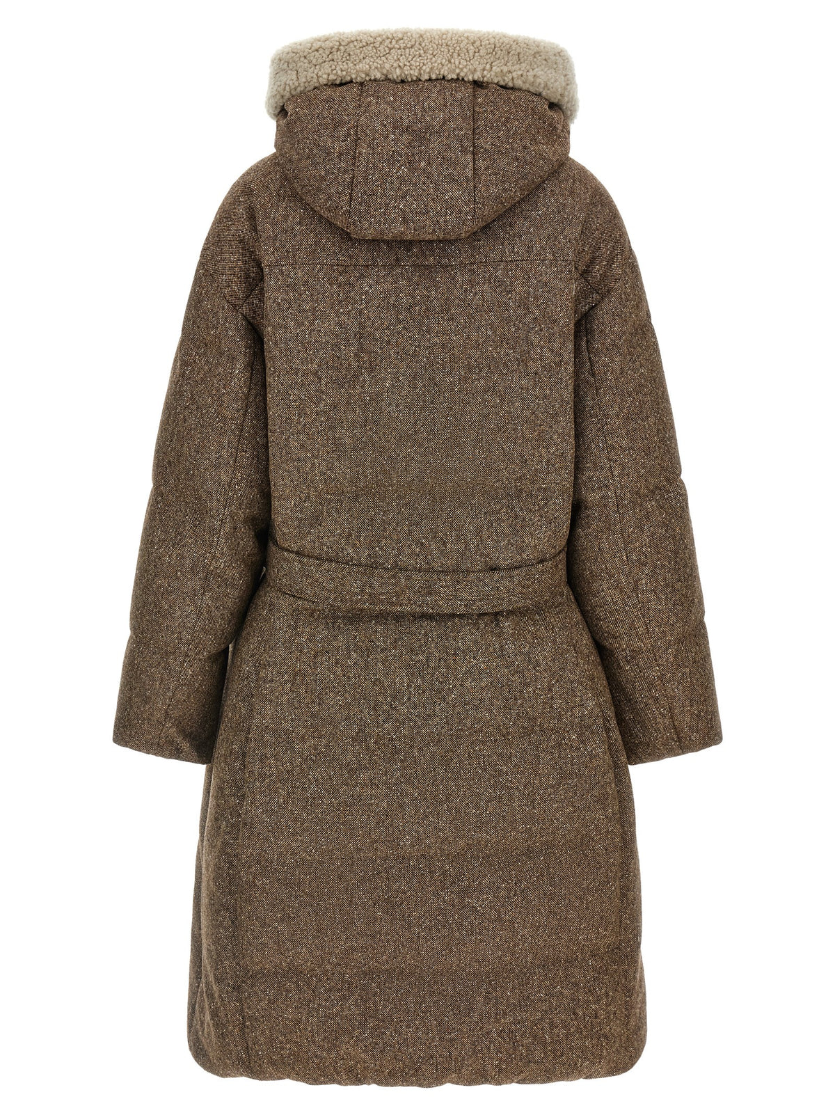 Hooded Puffer Jacket by Brunello Cucinelli for women in polyamide & virgin wool brown features a dramatic silhouette, showcasing a sophisticated hooded neckline and distinctive hooded & insulated for a dramatic aesthetic.