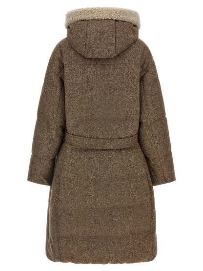 Hooded Puffer Jacket by Brunello Cucinelli for women in polyamide & virgin wool brown features a dramatic silhouette, showcasing a sophisticated hooded neckline and distinctive hooded & insulated for a dramatic aesthetic.