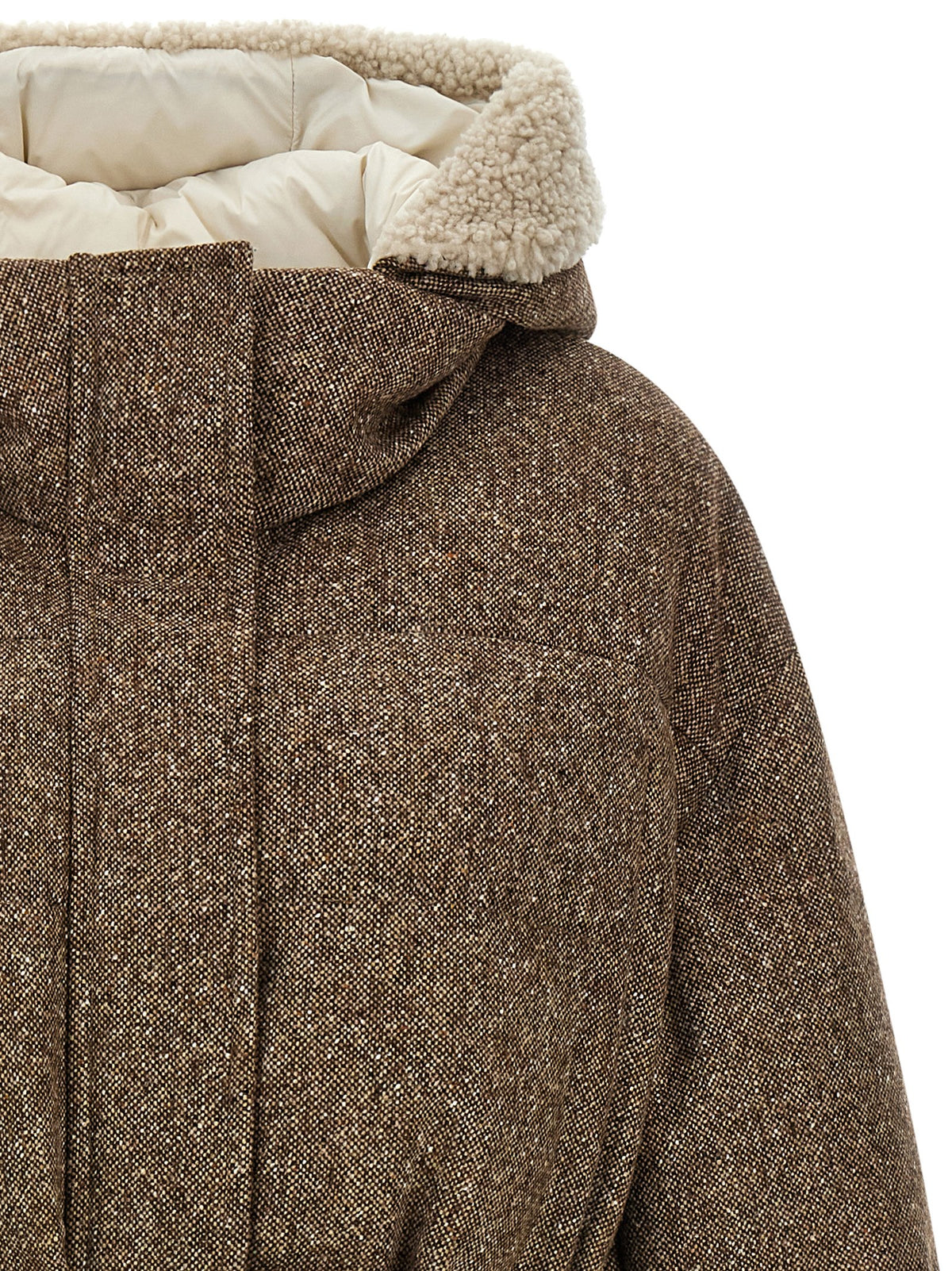 Hooded Puffer Jacket by Brunello Cucinelli for women in polyamide & virgin wool brown showcases a bohemian silhouette, artfully detailed with a bohemian hooded neckline and signature hooded & insulated for a truly bohemian finish.