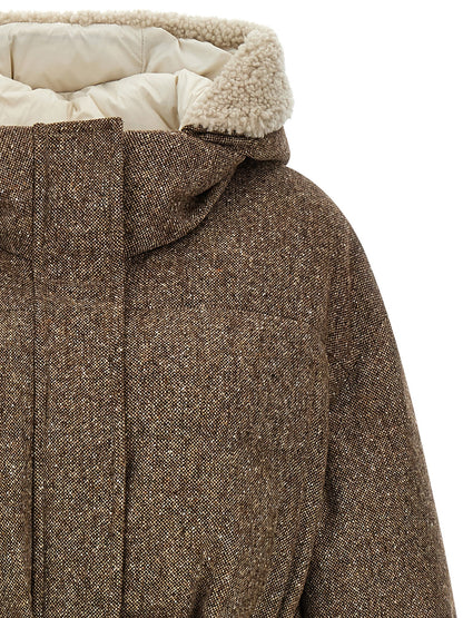 Hooded Puffer Jacket by Brunello Cucinelli for women in polyamide & virgin wool brown showcases a bohemian silhouette, artfully detailed with a bohemian hooded neckline and signature hooded & insulated for a truly bohemian finish.