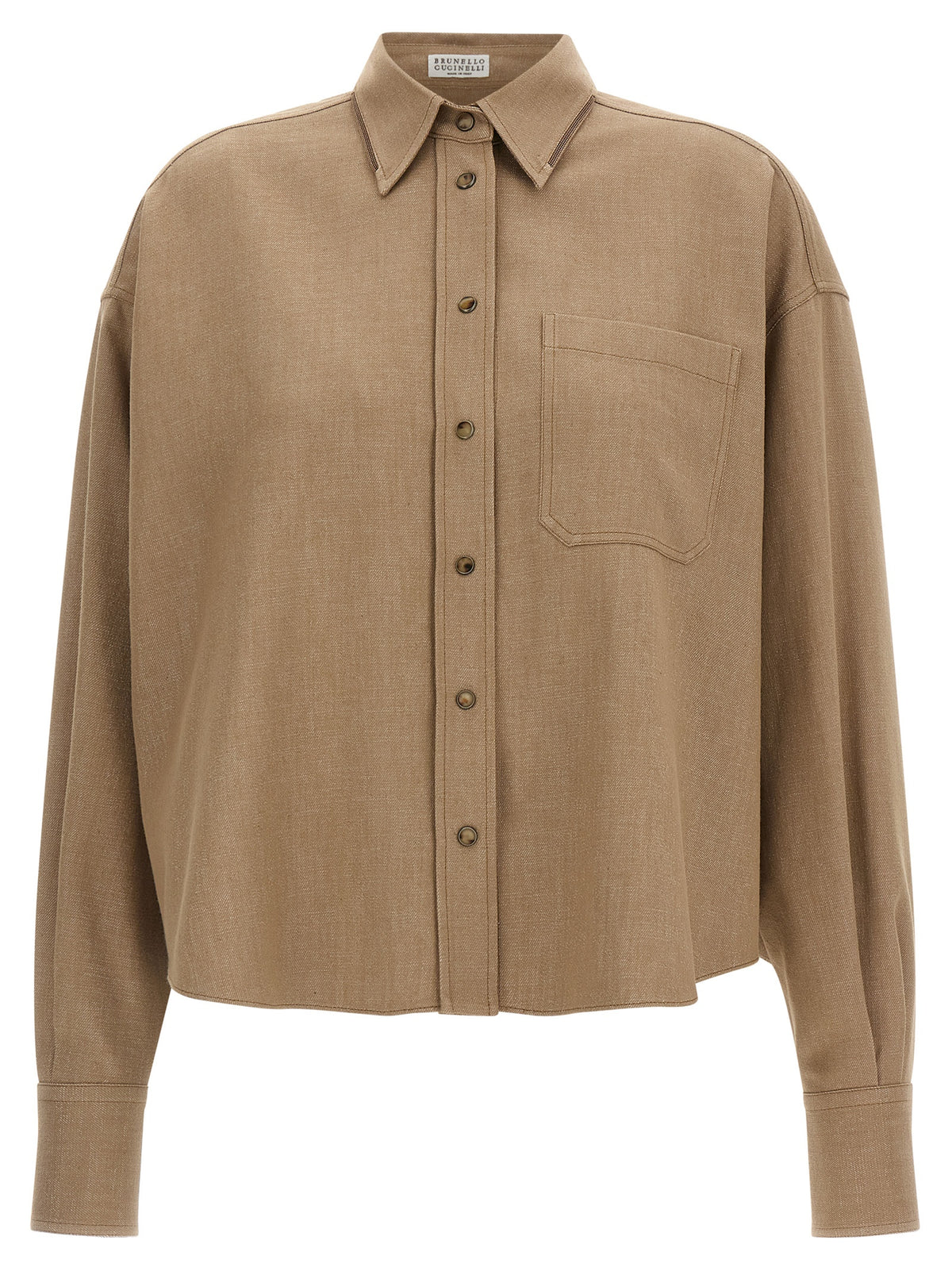 Blouse by Brunello Cucinelli for women in cotton denim polyamide & polyester beige, camel & horn showcases a sublime silhouette, artfully detailed with a sublime and for a sophisticated, sublime finish.