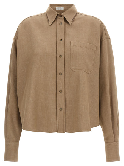 Blouse by Brunello Cucinelli for women in cotton denim polyamide & polyester beige, camel & horn showcases a sublime silhouette, artfully detailed with a sublime and for a sophisticated, sublime finish.