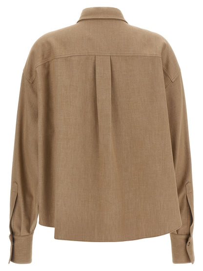 Blouse by Brunello Cucinelli for women in cotton denim polyamide & polyester beige, camel & horn, featuring a nuanced and nuanced for a sophisticated finish.