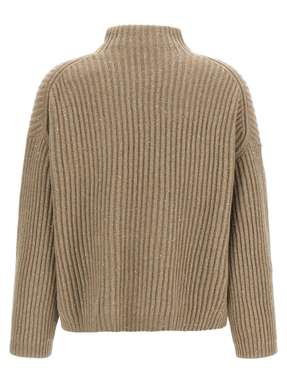 Cardigan by Brunello Cucinelli for women in cashmere polyamide & sequins beige features an impeccable silhouette, showcasing a sophisticated turtle neckline and detail for a truly impeccable finish.
