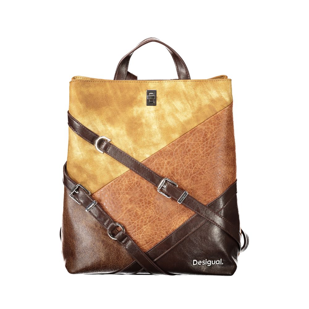 Backpack by Desigual for women in polyurethane brown features a fashionable silhouette, showcasing the Polyurethane Backpack design with a secure snap & zipper, ample built-in-compartments, external-pockets & internal-pockets, and versatile backpack-strap, adjustable-strap & handle.