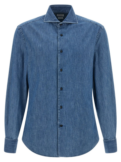 Shirt by Brunello Cucinelli for men in denim cotton navy showcases a sleek silhouette, elegantly detailed with a sleek and for a sleek finish.