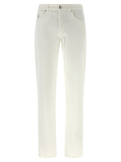 Trousers by Brunello Cucinelli for men in cotton corduroy white & signature features a artisanal silhouette, showcasing a sophisticated with a long and for a artisanal finish.