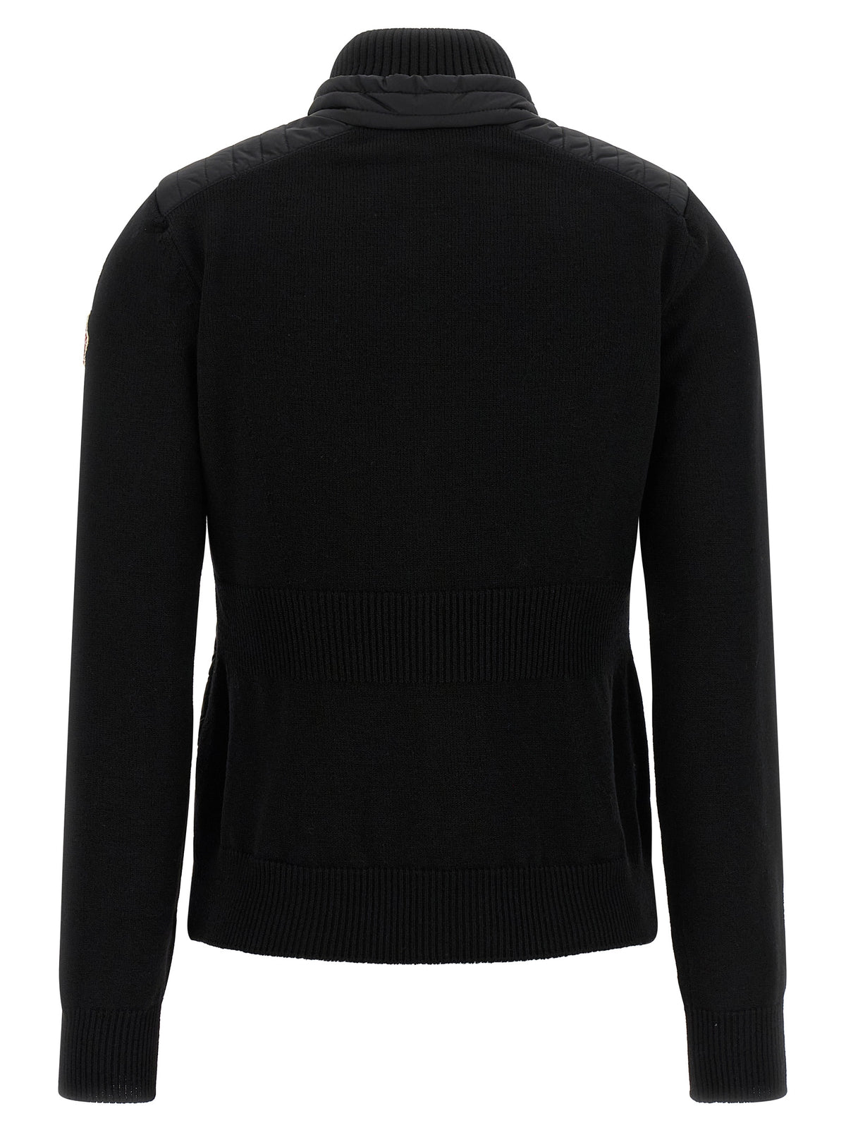 Cardigan by Moncler Grenoble for women in polyamide & virgin wool black showcases a captivating silhouette, artfully detailed with a captivating and high-neck neckline for a truly sophisticated captivating look.