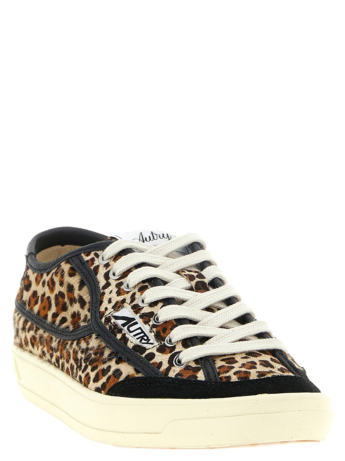 Sneakers by Autry for women in cotton & bos taurus suede cowhide leather black, brown, gold, leopard-print, signature & print presents a on trend silhouette from the Pony Women's Low Top Cotton & Bos Taurus Suede Cowhide Leather Sneakers collection, showcasing a on trend low-top style for an elevated aesthetic.