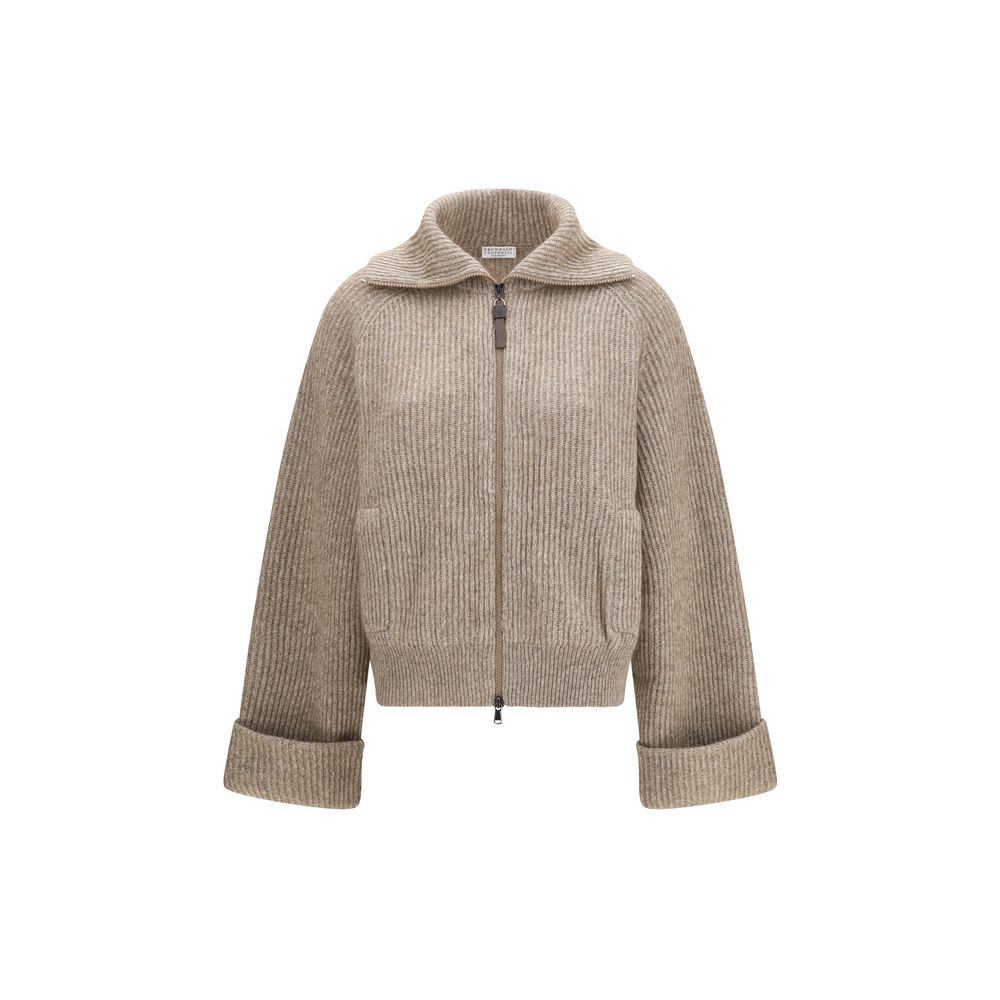 Sweater by Brunello Cucinelli for women in cashmere mohair & polyamide beige showcases a sumptuous silhouette, artfully finished with a sumptuous high-collar neckline and for a sophisticated, sumptuous look.