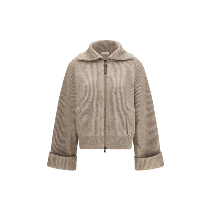 Sweater by Brunello Cucinelli for women in cashmere mohair & polyamide beige showcases a sumptuous silhouette, artfully finished with a sumptuous high-collar neckline and for a sophisticated, sumptuous look.