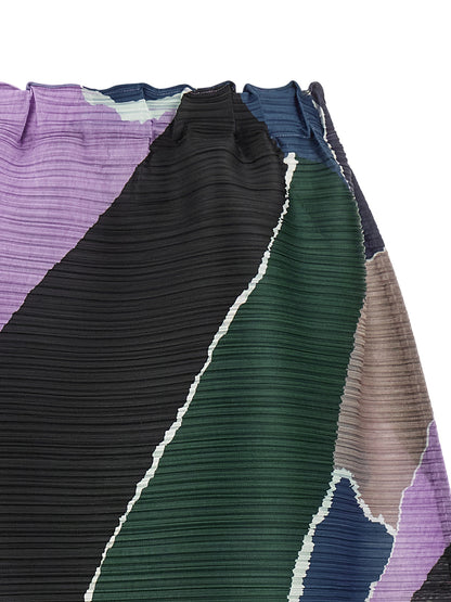 Skirt by PLEATS PLEASE ISSEY MIYAKE for women in polyester multicolor, purple & print features a contoured silhouette from the Women's Flared Polyester Midi Skirt collection, characterized by its contoured midi for a contoured finish.