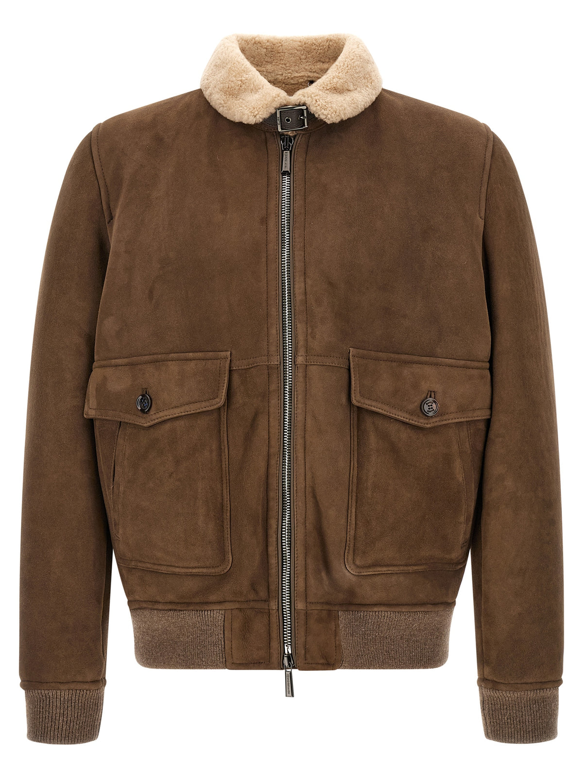This Bomber Jacket by MooRER for men in wool suede leather & fur brown exhibits a edgy silhouette, meticulously detailed with functional pockets and a edgy for a edgy finish.