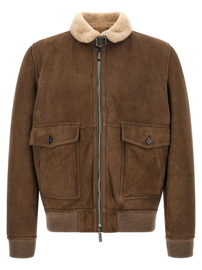 This Bomber Jacket by MooRER for men in wool suede leather & fur brown exhibits a edgy silhouette, meticulously detailed with functional pockets and a edgy for a edgy finish.