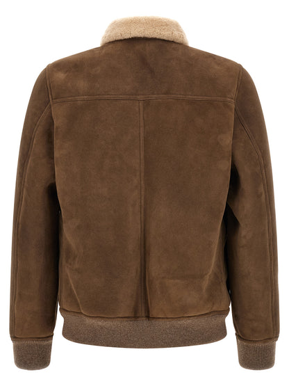 Bomber Jacket by MooRER for men in wool suede leather & fur brown features an on trend silhouette, showcasing refined pockets and a sophisticated for a truly on trend finish.