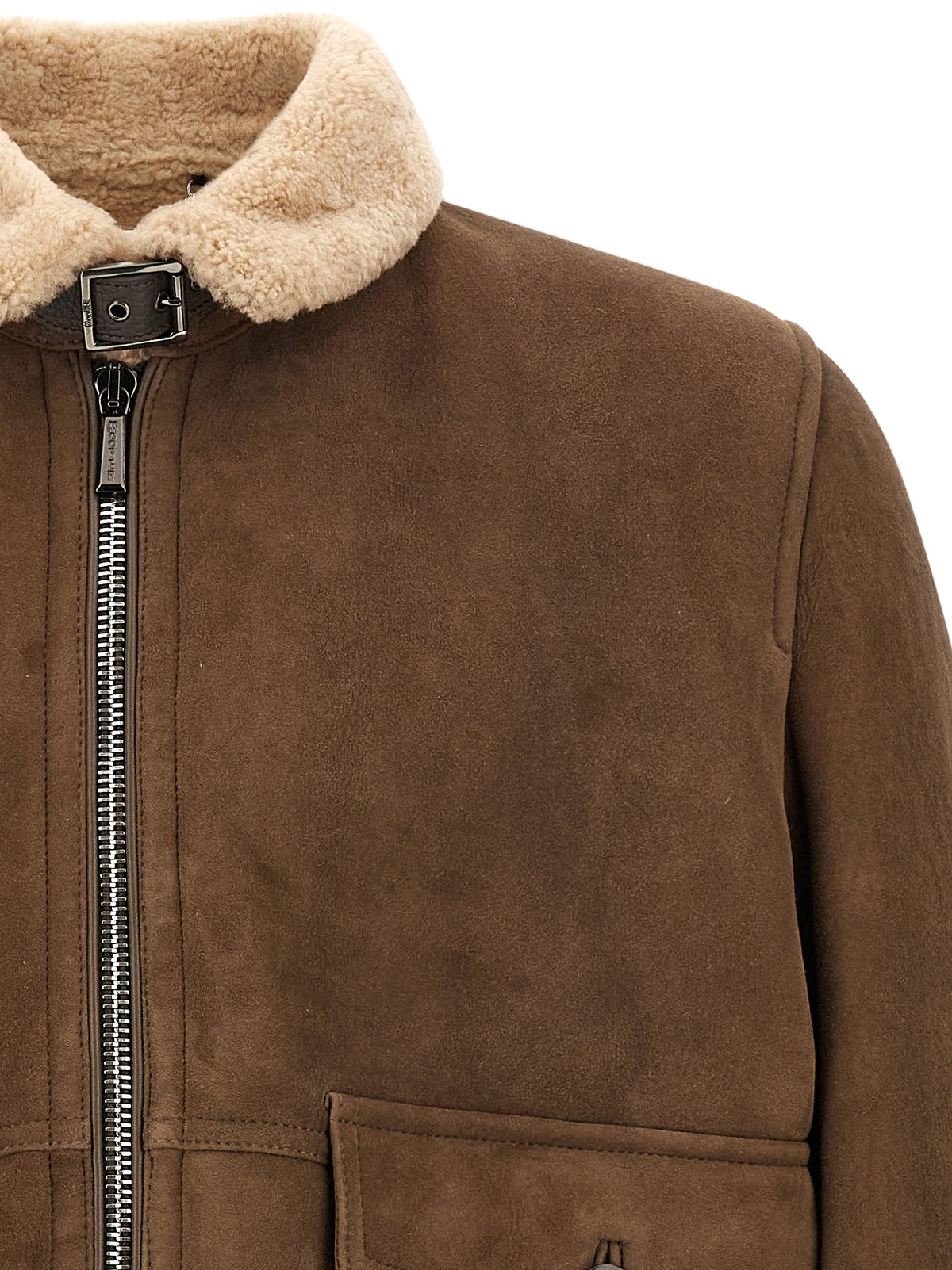 Bomber Jacket by MooRER for men in wool suede leather & fur brown features a dramatic silhouette, showcasing a sophisticated and distinctive pockets for a dramatic aesthetic.