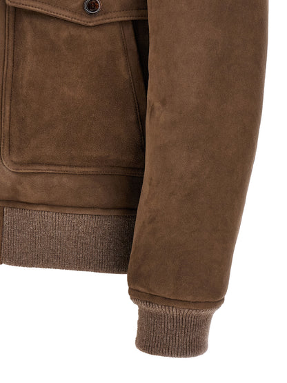 Bomber Jacket by MooRER for men in wool suede leather & fur brown presents a effortlessly chic silhouette, showcasing a sophisticated and premium pockets for a truly effortlessly chic finish.
