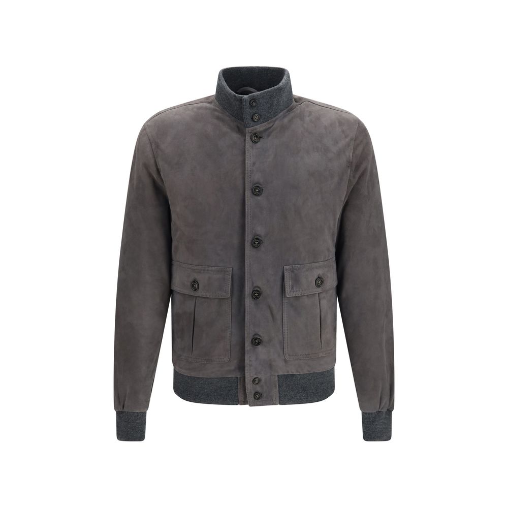 Bomber Jacket by Valstar for men in bos taurus calf suede leather brown presents a effortlessly chic silhouette, showcasing a sophisticated high-collar neckline and premium pockets for a truly effortlessly chic finish.