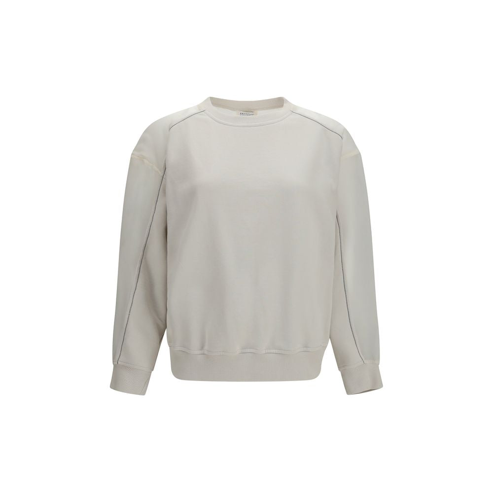 Brunello Cucinelli Monile Women's Straight Regular Fit Crew Neck Cotton Sweatshirt - White Signature