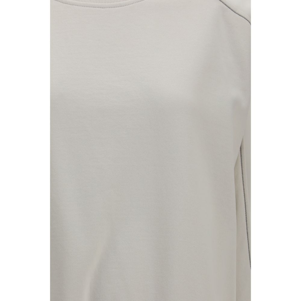 Brunello Cucinelli Monile Women's Straight Regular Fit Crew Neck Cotton Sweatshirt - White Signature