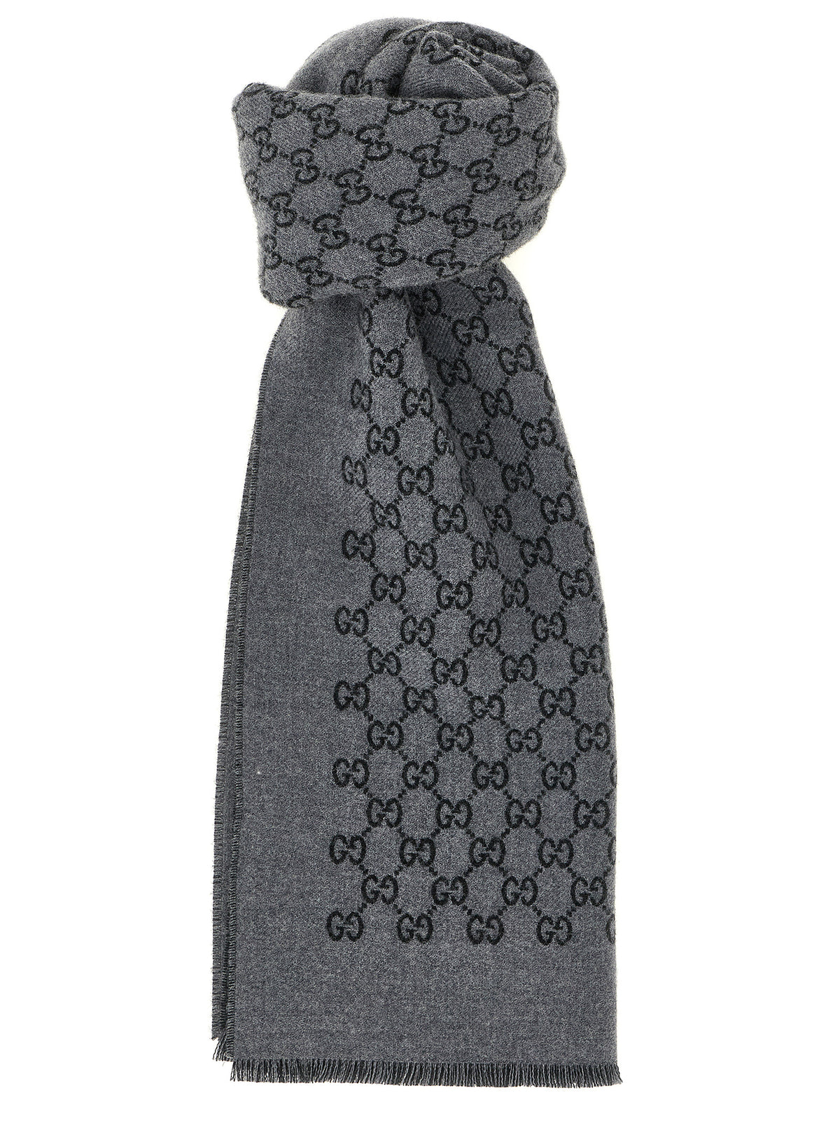 Scarf by Gucci for men in wool gray showcases a eye catching silhouette, artfully capturing the essence of the eye catching Wool Scarf design for a sophisticated look.