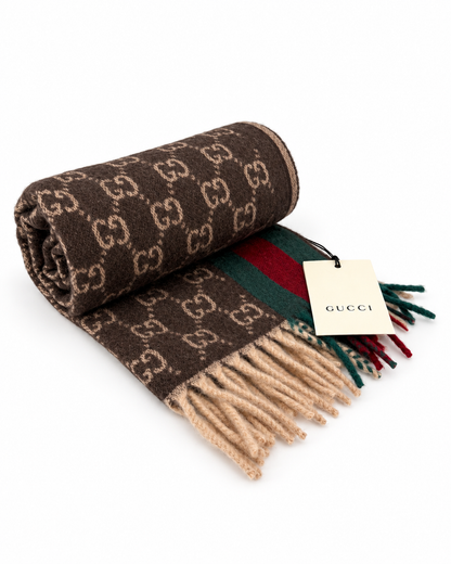 Gucci Monogram Brown Cashmere & Wool Scarf with Green & Red Web Stripe