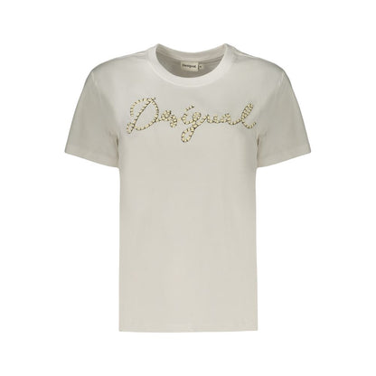 T-Shirt by Desigual for women in cotton white showcases a chic silhouette, artfully detailed with a chic crew neckline and for a chic finish.