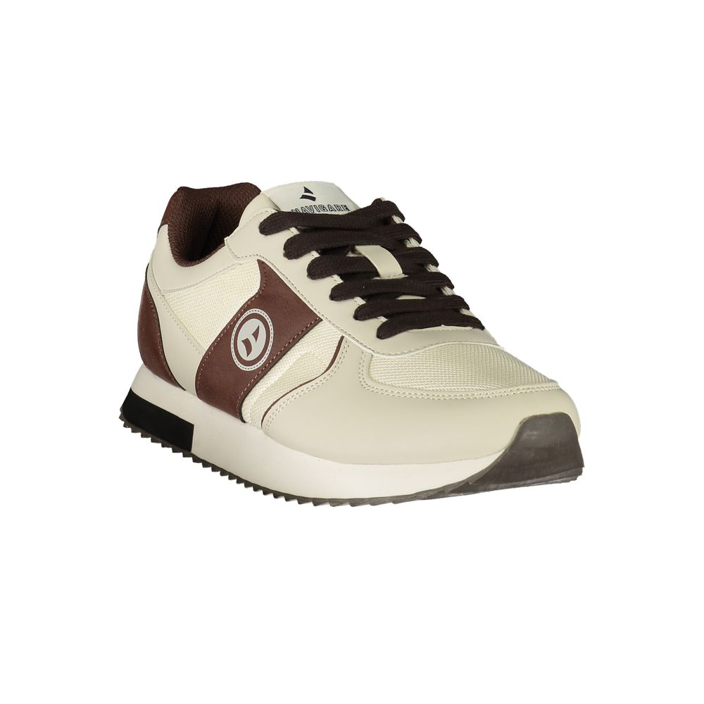 Athletic Sneakers by Navigare for men in polyester & polyurethane brown & white showcases a architectural silhouette, artfully capturing the essence of the Men's Athletic Polyester & Polyurethane Sneakers with its signature architectural athletic style construction.