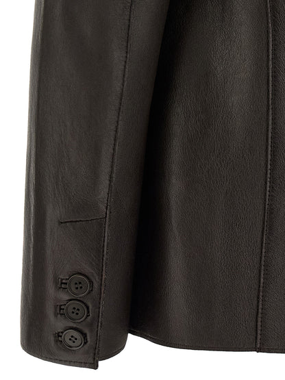 Blazer by P.A.R.O.S.H. for women in lamb leather black showcases a discerning silhouette, elegantly detailed with a sophisticated and premium for a truly discerning finish.