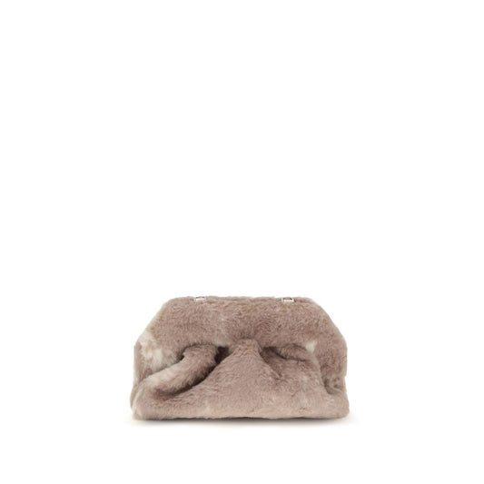 Medium Crossbody Pouch Clutch Handbag by THEMOIRè for women in faux fur beige features an sculptural silhouette, showcasing a secure magnetic and sculptural with versatile crossbody-strap, adjustable-strap & handle for a sophisticated look.